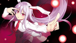 Rule 34 | 1girl, animal ears, beni kurage, blouse, breasts, collared shirt, commentary request, danmaku, glowing, hair between eyes, hand over eye, highres, large breasts, long hair, long sleeves, nail polish, necktie, pink skirt, pleated skirt, pointing, purple hair, rabbit ears, rabbit tail, red eyes, reisen udongein inaba, shirt, skirt, solo, tail, touhou, very long hair, white shirt