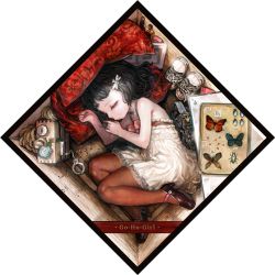 Rule 34 | 1girl, black hair, box, bug, butterfly, cuffs, cushion, dragonfly, dress, drugs, closed eyes, female focus, fetal position, full body, hair ornament, hairpin, handcuffs, in box, in container, bug, mary janes, original, pantyhose, pill, rope, shoes, short hair, sleeping, solo, torikawa
