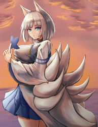 Rule 34 | 1girl, animal ears, azur lane, between fingers, blue eyes, breasts, cloud, cowboy shot, eyeliner, fox ears, fox girl, fox tail, holding, japanese clothes, kaga (azur lane), large breasts, legs together, long sleeves, makeup, moppo, multiple tails, ocean, open mouth, outdoors, shikigami, solo, tail, tassel, twilight, water, white hair, wide sleeves