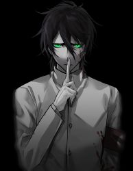 Rule 34 | 1boy, armband, bad id, bad pixiv id, black background, black hair, bleach, blood, blood on clothes, blood on face, finger to mouth, green eyes, hair between eyes, highres, hishui prpr, jacket, limited palette, long sleeves, looking at viewer, male focus, short hair, shushing, simple background, solo, ulquiorra cifer, white jacket