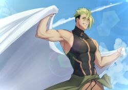Rule 34 | 1boy, abs, achilles (fate), armpits, bed sheet, black shirt, blue background, breasts, brown eyes, clothes around waist, contrail, facial hair, fate/grand order, fate (series), from below, grin, hair between eyes, haruakira, highres, holding, holding sheet, jacket, jacket around waist, large breasts, large pectorals, lens flare, looking at viewer, male focus, mature male, muscular, muscular male, pectorals, shirt, sideburns stubble, sleeveless, sleeveless shirt, smile, solo, stubble, undercut, upper body