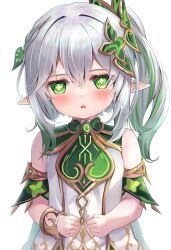 Rule 34 | 1girl, absurdres, bare shoulders, blush, bracelet, bright pupils, cape, commentary request, cross-shaped pupils, detached sleeves, dress, genshin impact, gradient hair, green cape, green eyes, green hair, grey hair, hair between eyes, hair ornament, highres, jewelry, leaf hair ornament, long hair, looking at viewer, mihasu, multicolored hair, nahida (genshin impact), parted lips, pointy ears, side ponytail, sidelocks, simple background, sleeveless, sleeveless dress, solo, symbol-shaped pupils, white background, white dress