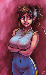 Rule 34 | 1990s (style), 1girl, alternate costume, breasts, brown eyes, brown hair, capcom, chun-li, covered erect nipples, covered navel, cowboy shot, crossed arms, double bun, female focus, gradient background, hair bun, hair ribbon, highres, large breasts, onofre wayne, retro artstyle, ribbon, short hair, skin tight, sleeveless, smile, solo, street fighter, street fighter zero (series), unitard