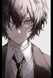 Rule 34 | 1boy, bad id, bad twitter id, bandage over one eye, bandages, bishounen, black hair, black necktie, brown eyes, bungou stray dogs, closed mouth, dazai osamu (bungou stray dogs), formal, hair between eyes, male focus, necktie, nozz177, serious, shirt, short hair, simple background, solo, suit, upper body, white background, white shirt