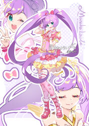 Rule 34 | 1girl, :d, absurdres, ayako (xiaqiu), bare shoulders, boots, bow, character name, closed eyes, dot nose, double bun, dress, dress bow, dual persona, floral print, frilled dress, frills, gloves, green eyes, hair bow, hair bun, hand up, hands up, happy, highres, holding, holding microphone, idol, layered dress, legs together, legwear garter, long hair, looking at viewer, manaka laala, microphone, multiple views, one eye closed, open mouth, outline, pink bow, pink dress, pink footwear, pink shirt, pink thighhighs, pretty series, pripara, purple hair, shirt, short hair, smile, solo, standing, teeth, thighhighs, twintails, twitter username, upper teeth only, v, very long hair, white gloves, zettai ryouiki