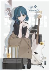 Rule 34 | 1girl, absurdres, amplifier, ayato ri yagi, black footwear, black shirt, blue hair, bocchi the rock!, boots, brown skirt, buttons, character name, closed mouth, cross-laced footwear, drink, drinking straw, electric guitar, full body, guitar, highres, instrument, lace-up boots, looking at viewer, shirt, short hair, short sleeves, sitting, skirt, solo, yamada ryo, yellow eyes