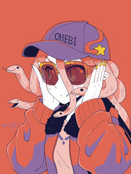Rule 34 | 1girl, :/, artist name, baseball cap, closed mouth, colored skin, ear piercing, fur-trimmed jacket, fur trim, hands on own cheeks, hands on own face, hands up, hat, highres, jacket, limited palette, living hair, looking to the side, nail polish, orange-framed eyewear, orange background, orange hair, orange jacket, original, piercing, pointy ears, purple hat, red-tinted eyewear, reptile girl, scales, simple background, slit pupils, snake hair, solo, sunglasses, tinted eyewear, twitter username, upper body, white skin, yamanobe saya, yellow nails