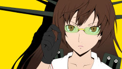 Rule 34 | 1girl, brown hair, choukai (kancolle), female focus, glasses, gloves, hair ornament, highres, kantai collection, long hair, looking at viewer, parody, persona, persona 4, personification, rimless eyewear, school uniform, solo, tnk (p freaks)