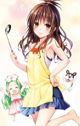 Rule 34 | 10s, 2girls, :d, ^ ^, animal, apron, arms up, bare shoulders, barefoot, brown eyes, brown hair, celine (to love-ru), closed eyes, copyright name, dog, closed eyes, feet, flower, flower on head, green hair, hair bobbles, hair ornament, hand on own hip, highres, ladle, long hair, looking at viewer, maron (to love-ru), multiple girls, official art, open mouth, outstretched arms, smile, to love-ru, to love-ru darkness, yabuki kentarou, yuuki mikan