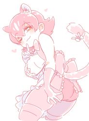 Rule 34 | 1girl, ;3, animal ear fluff, animal ears, apron, ass, back bow, bare arms, bare shoulders, blush, bow, bowtie, breasts, cat ears, cat girl, cat tail, center frills, closed mouth, cowboy shot, cropped legs, dot nose, elbow gloves, extra ears, eyelashes, finger to cheek, finger to face, frilled apron, frilled bow, frilled shirt, frills, from behind, from below, from side, gloves, hair between eyes, hand on own ass, heart, index finger raised, kemono friends, kemono friends 3, leaning forward, looking at viewer, looking back, looking down, medium breasts, mitsumoto jouji, monochrome, no pants, one eye closed, panther ears, panther girl, panther tail, panties, peach panther (kemono friends), pink bow, pink bowtie, pink gloves, pink hair, pink panties, pink tail, pink theme, pink thighhighs, plump, shirt, short hair, simple background, sleeveless, sleeveless shirt, smile, solo, squinting, tail, tail bow, tail ornament, tail raised, thick thighs, thighhighs, thighs, traditional bowtie, underwear, waist apron, white apron, white background, white bow, white shirt, yellow eyes