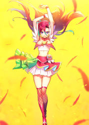 Rule 34 | 1girl, arms up, bad id, bad pixiv id, boots, brown thighhighs, crop top, cure flamingo, feathers, floating hair, grin, hair between eyes, highres, knee boots, long hair, looking at viewer, midriff, miniskirt, precure, purple eyes, red feathers, red footwear, red hair, skirt, smile, solo, standing, stomach, thigh gap, thighhighs, tropical-rouge! precure, very long hair, white skirt, yellow background, yuzu sato