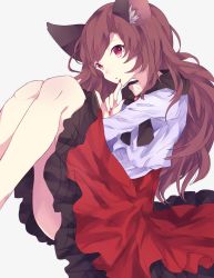 Rule 34 | 1girl, :o, animal ears, bad id, bad pixiv id, brooch, brown hair, capelet, collarbone, colored eyelashes, fingernails, gem, hand gesture, highres, imaizumi kagerou, jewelry, legs together, long fingernails, long hair, long skirt, long sleeves, nail polish, parted lips, red eyes, red nails, red gemstone, shirt, simple background, sitting, skirt, solo, thighs, touhou, very long hair, white background, white shirt, wolf ears, yuusei tsukiro