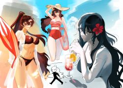 Rule 34 | 1girl, beach umbrella, bikini, black bikini, black hair, breasts, brown hair, cleavage, closed mouth, coat, flower, food, fruit, hair flower, hair ornament, hat, hibiscus, highres, ice, ice cube, jajeon liu, large breasts, lemon, lemon slice, library of ruina, long hair, looking at viewer, low-braided long hair, low-tied long hair, multiple views, project moon, red eyes, red flower, red shirt, red shorts, see-through, shirt, shorts, side-tie bikini bottom, sidelocks, straw hat, swimsuit, umbrella, very long hair, white coat, xiao (project moon)