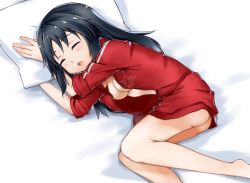 Rule 34 | 10s, 1girl, ass, bed sheet, blue hair, bottomless, breasts, cleavage, closed eyes, coat, commentary, freckles, girls und panzer, jacket, long hair, long sleeves, lying, medium breasts, naked coat, no shirt, on bed, on side, open clothes, open jacket, open mouth, pillow, red jacket, sleeping, sleeves rolled up, solo, toon (noin), track jacket, yamagou ayumi