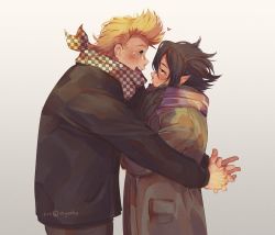 Rule 34 | 2boys, addy (@vegeebs), amajiki tamaki, black coat, black hair, blonde hair, blue eyes, boku no hero academia, coat, couple, eye contact, green coat, heart, highres, hug, interlocked fingers, looking at another, male focus, multiple boys, own hands together, pointy ears, scarf, short hair, spiked hair, togata mirio, winter clothes, yaoi