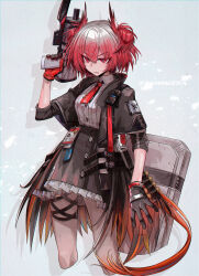 Rule 34 | 1girl, absurdres, ammunition belt, animal ears, arknights, bird ears, bird tail, black gloves, black jacket, black skirt, character name, cropped legs, feather trim, fiammetta (arknights), gloves, gun, hair between eyes, hand up, highres, holding, holding gun, holding weapon, jacket, matsuba (mtbsbr721), necktie, open clothes, open jacket, red eyes, red gloves, red hair, red necktie, ribbed shirt, shirt, short hair, skirt, solo, tail, v-shaped eyebrows, weapon