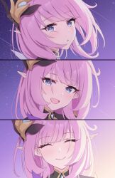 1girl blue_eyes closed_eyes closed_mouth elf elysia_(honkai_impact) elysia_(miss_pink_elf)_(honkai_impact) hair_ornament highres honkai_(series) honkai_impact_3rd looking_at_viewer multiple_views nami_(tznami) night night_sky open_mouth pink_pupils pointy_ears portrait sky smile twitter_username