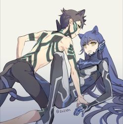 Rule 34 | 2boys, androgynous, animal ears, armor, ass, black hair, blue hair, bodysuit, cat ears, cat tail, crossover, demi-fiend, eyelashes, full-body tattoo, in-franchise crossover, long hair, looking at viewer, male focus, multiple boys, protagonist (smtv), shin megami tensei, shin megami tensei iii: nocturne, shin megami tensei v, short hair, shorts, simple background, tail, tattoo, topless male, very long hair, yellow eyes, za210n