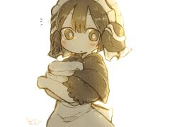 Rule 34 | 1boy, apron, backlighting, bandam, blush, bright pupils, capelet, child, commentary request, frilled hairband, frills, hairband, hatching (texture), highres, holding, linear hatching, looking at viewer, made in abyss, male focus, maruruk, notice lines, parted lips, pouch, sepia, short hair, short sleeves, signature, simple background, solo, trap, white background