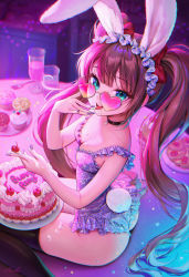 Rule 34 | 1girl, absurdres, animal ears, ass, black choker, black thighhighs, blue eyes, bow, breasts, brown hair, cake, choker, cream on body, cup, cupcake, fake animal ears, fake tail, food, food on hand, fork, frilled leotard, frills, from above, fruit, grin, hair bow, heart, heart-shaped eyewear, heartki, highres, leotard, long hair, looking at viewer, looking over eyewear, looking over glasses, medium breasts, nail polish, original, pink-tinted eyewear, pink-tinted glasses, purple leotard, purple nails, rabbit ears, rabbit tail, red bow, sitting, smile, solo, strawberry, sunglasses, tail, thighhighs, thighs, tinted eyewear, tongue, tongue out, twintails, very long hair, wariza