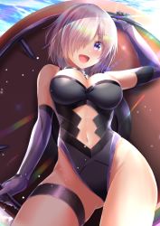 Rule 34 | 1girl, black leotard, breasts, clothing cutout, commentary request, cowboy shot, elbow gloves, fate/grand order, fate (series), gloves, hair over one eye, highleg, highleg leotard, holding, holding shield, izumi akane, leotard, looking at viewer, mash kyrielight, medium breasts, navel cutout, purple eyes, purple gloves, purple hair, shield, short hair, smile, solo, standing