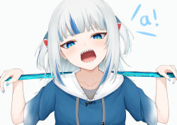 Rule 34 | 1girl, animal hood, blue eyes, blue hair, blue nails, collarbone, gawr gura, gawr gura (1st costume), highres, holding trident, hololive, hololive english, hood, kouyadoufu, light blush, looking at viewer, multicolored hair, open mouth, shark hood, sharp teeth, short twintails, simple background, solo, teeth, twintails, virtual youtuber, white background