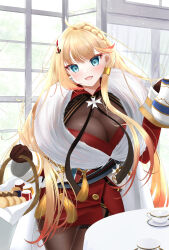 1girl absurdres azur_lane basket blonde_hair blue_eyes bodystocking breasts brown_gloves cleavage gloves gold_trim gradient_hair highres holding holding_basket holding_kettle howe_(azur_lane) indoors jacket large_breasts looking_at_viewer maltese_cross medal miniskirt multicolored_hair open_mouth orange_hair red_jacket red_skirt round_table see-through see-through_cleavage skirt solo table tea_set thigh_strap tsuri_pi window