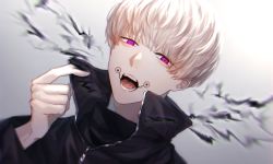 Rule 34 | 1boy, bad id, bad pixiv id, black jacket, black shirt, blonde hair, commentary request, facial tattoo, gakuran, gradient background, hand up, high collar, highres, iduming111, inumaki toge, jacket, jujutsu kaisen, long sleeves, looking at viewer, magic, male focus, open mouth, purple eyes, school uniform, shirt, short hair, solo, tattoo, tongue tattoo, upper body, white background