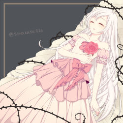 Rule 34 | 1girl, bow, chiyu (silverxxxx), closed eyes, dress, flower, long hair, pink bow, pink dress, rose, short sleeves, sleeping, sleeping beauty, sleeping beauty (character), solo, white hair