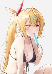 Rule 34 | 1girl, bare arms, bare legs, bare shoulders, bikini, black bikini, blonde hair, blush, breasts, cleavage, collarbone, commentary, food, front-tie bikini top, front-tie top, h (eitilog), hair ornament, hair ribbon, halterneck, heterochromia, highres, holding, holding food, hoshikawa sara, long hair, looking at viewer, medium breasts, nijisanji, popsicle, red eyes, ribbon, side ponytail, sidelocks, simple background, solo, string bikini, swimsuit, tongue, tongue out, very long hair, virtual youtuber, white background, x hair ornament, yellow eyes