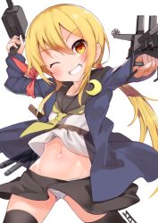 Rule 34 | 1girl, armband, black serafuku, black thighhighs, blonde hair, blush, crescent, crescent pin, grin, hair between eyes, holding, holding weapon, jacket, kantai collection, long hair, long sleeves, low twintails, navel, neckerchief, one eye closed, p answer, panties, rigging, sailor collar, satsuki (kancolle), satsuki kai ni (kancolle), school uniform, serafuku, skirt, smile, solo, teeth, thighhighs, twintails, underwear, weapon, white panties, yellow eyes, yellow neckerchief