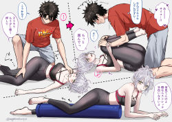 Rule 34 | 1boy, 1girl, alternate hairstyle, barefoot, black hair, blue eyes, buster shirt, exercising, fate/grand order, fate (series), fujimaru ritsuka (male), jeanne d&#039;arc alter (fate), omizu (omz), simple background, sports bra, sportswear, stretching, translation request, white hair, yellow eyes