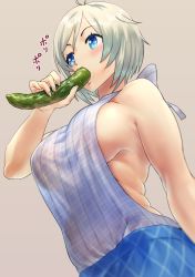 Rule 34 | .live, 1girl, antenna hair, bare arms, bare shoulders, beige background, blue eyes, blue skirt, breasts, cucumber, dennou shoujo siro, dokiyuri, eating, fingernails, food, from below, highres, holding, holding food, large breasts, meme attire, no bra, plaid, sexually suggestive, sideboob, silver hair, simple background, skirt, sleeveless, solo, vegetable, virtual youtuber