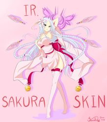 Rule 34 | 1girl, alternate costume, alternate hairstyle, bad id, bad pixiv id, bell, blush, braid, breasts, cleavage, english text, flower, green eyes, hair ornament, highres, irelia, large breasts, league of legends, long hair, ribbon, side slit, signature, silver hair, solo, sunekomoe, sword, thighhighs, twin braids, weapon