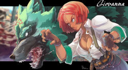 Rule 34 | 1girl, 1other, absurdres, belt, black pants, breasts, brown gloves, claw pose, cleavage, collared shirt, dark-skinned female, dark skin, facial mark, fighting stance, fingerless gloves, fingernails, forehead mark, giovanna (guilty gear), gloves, green eyes, green fur, guilty gear, guilty gear strive, high-waist pants, highres, large breasts, letterboxed, lips, multiple belts, nose, outside border, pants, partially unbuttoned, police badge, red hair, rei (guilty gear), saliva, sergio nhur, sharp teeth, shirt, short hair, sleeves pushed up, snout, solo focus, suspenders, teeth, white shirt, wolf