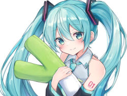 Rule 34 | 1girl, aqua eyes, aqua hair, bare shoulders, black sleeves, blue necktie, blush, closed mouth, collared shirt, commentary request, detached sleeves, grey shirt, hatsune miku, long hair, long sleeves, looking at viewer, necktie, noneon319, shirt, simple background, sleeveless, sleeveless shirt, smile, solo, spring onion, stuffed toy, twintails, upper body, vocaloid, white background, wide sleeves
