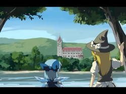 Rule 34 | 2girls, bad id, bad pixiv id, blonde hair, blue hair, cirno, embodiment of scarlet devil, female focus, from behind, hat, kirisame marisa, kitsune (kazenouta), kitsune (pixiv), lake, landscape, letterboxed, mansion, multiple girls, ribbon, scarlet devil mansion, scenery, touhou, tree, water, witch, witch hat