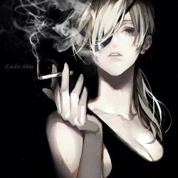 Rule 34 | 1girl, bare shoulders, black background, black tank top, breasts, chainsaw man, cigarette, cleavage, collarbone, eyepatch, grey eyes, holding, koshika rina, looking at viewer, medium hair, one eye covered, parted lips, ponytail, quanxi (chainsaw man), silver hair, simple background, smoke, smoking, solo, tank top, twitter username, upper body
