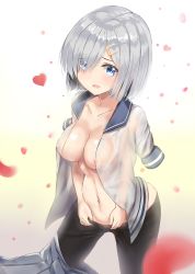 Rule 34 | 10s, 1girl, absurdres, black pantyhose, blue eyes, breasts, covered erect nipples, eyes visible through hair, hair ornament, hair over one eye, hairclip, hamakaze (kancolle), heart, highres, i.f.s.f, kantai collection, large breasts, looking at viewer, nipples, open mouth, pantyhose, school uniform, see-through, short hair, silver hair, solo, v arms, wet, wet clothes