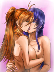 Rule 34 | 2girls, ahoge, back, blue eyes, blue hair, breast press, breasts, brown eyes, brown hair, busujima saeko, couple, eye contact, fingernails, french kiss, highres, highschool of the dead, kiss, large breasts, lips, long hair, looking at another, miyamoto rei, multiple girls, nail polish, nude, penzoom, saliva, sharp fingernails, simple background, symmetrical docking, upper body, yuri