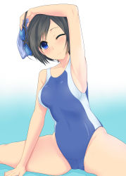 Rule 34 | 1girl, absurdres, armpits, arms up, black hair, blue eyes, competition swimsuit, geminiboar, goggles, highres, one-piece swimsuit, one eye closed, original, short hair, solo, stretching, swim cap, unworn swim cap, swimsuit