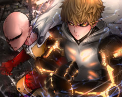 Rule 34 | 2boys, bald, blonde hair, bodysuit, cape, clenched hands, closed mouth, commentary, earrings, english commentary, genos, gloves, glowing, glowing eyes, grey hoodie, hair between eyes, highres, hood, hood down, hoodie, jewelry, looking at viewer, male focus, multiple boys, neonbeat, one-punch man, parted lips, red gloves, saitama (one-punch man), signature, sleeveless, sleeveless hoodie, steam, white cape, yellow bodysuit