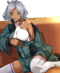 Rule 34 | 1girl, ahoge, aona (anagasaki), asticassia school uniform, breasts, couch, green eyes, green jacket, green shorts, grey hair, gundam, gundam suisei no majo, highres, jacket, large breasts, looking at viewer, military, military uniform, nail polish, open clothes, open jacket, open mouth, secelia dote, shirt, shorts, simple background, sitting, sleeveless, sleeveless shirt, solo, thighhighs, twitter username, uniform, white background, white nails, white shirt, white thighhighs, zettai ryouiki