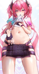 Rule 34 | 1girl, belt, breasts, clothes in mouth, fingerless gloves, from below, gloves, grace (sound voltex), groin, hair ornament, highres, hip vent, kie (yospcd), long hair, mouth hold, navel, no bra, pink hair, purple eyes, shirt, shirt in mouth, small breasts, sound voltex, sweat, t-shirt, thighs, twintails, wiping sweat