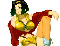 1girl asakiiart black_hair breasts cowboy_bebop faye_valentine green_eyes hairband hand_on_own_knee jacket looking_to_the_side open_clothes open_jacket orange_thighhighs red_jacket shirt short_hair shorts sitting thighhighs tied_jacket white_footwear yellow_hairband yellow_shirt yellow_shorts