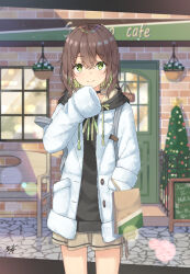 Rule 34 | 1girl, bag, bench, black choker, black hoodie, blush, brick wall, brown hair, brown skirt, choker, christmas ornaments, christmas tree, closed mouth, commentary request, door, drawstring, flower, fur-trimmed sleeves, fur trim, green eyes, green hair, green ribbon, hair between eyes, hand in pocket, highres, hood, hood down, hoodie, jacket, long sleeves, miko fly, multicolored hair, neck ribbon, open clothes, open jacket, original, paper bag, ribbon, signature, skirt, sleeves past fingers, sleeves past wrists, smile, solo, star (symbol), two-tone hair, white flower, white jacket, window