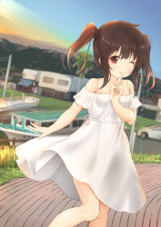 Rule 34 | 1girl, ;), absurdres, bare shoulders, blue sky, blurry, blurry background, blush, brown eyes, brown hair, building, car, closed mouth, commentary request, depth of field, dress, fence, finger to mouth, fingernails, hair between eyes, highres, long hair, looking at viewer, maru shion, motor vehicle, off-shoulder dress, off shoulder, one eye closed, original, outdoors, ribbon, ship, shushing, sidelocks, sky, smile, solo, standing, sunset, twintails, utility pole, watercraft, white dress, white ribbon