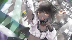 Rule 34 | 1girl, breasts, cleavage, colored skin, cropped hoodie, dark skin, diagonal stripes, grey skin, highres, holding, holding microphone, hood, hoodie, idol, idol clothes, indie virtual youtuber, looking at viewer, medium breasts, microphone, midriff, mimuta, navel, outstretched hand, pashigori, solo, stage, stage lights, striped, very dark skin, virtual youtuber, wings, yellow eyes