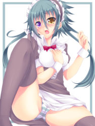 Rule 34 | 1girl, absurdres, apron, black thighhighs, blush, breasts, cameltoe, covered erect nipples, female focus, green hair, heterochromia, highres, long hair, looking at viewer, maid, maid apron, maid headdress, open mouth, original, panties, pantyshot, purple eyes, rebecca arcane, simple background, sitting, solo, striped clothes, striped panties, suterii, thighhighs, twintails, underwear, white background, wrist cuffs, yellow eyes