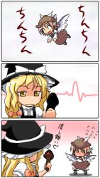 Rule 34 | 2girls, 3koma, :d, :|, [], blonde hair, blush, bow, brown dress, chibi, closed mouth, comic, dress, embarrassed, expressionless, female focus, flying, flying sweatdrops, hair bow, hat, hat bow, kirisame marisa, multiple girls, mushroom, mystia lorelei, open mouth, pink hair, sexually suggestive, smile, touhou, translated, wings, witch hat